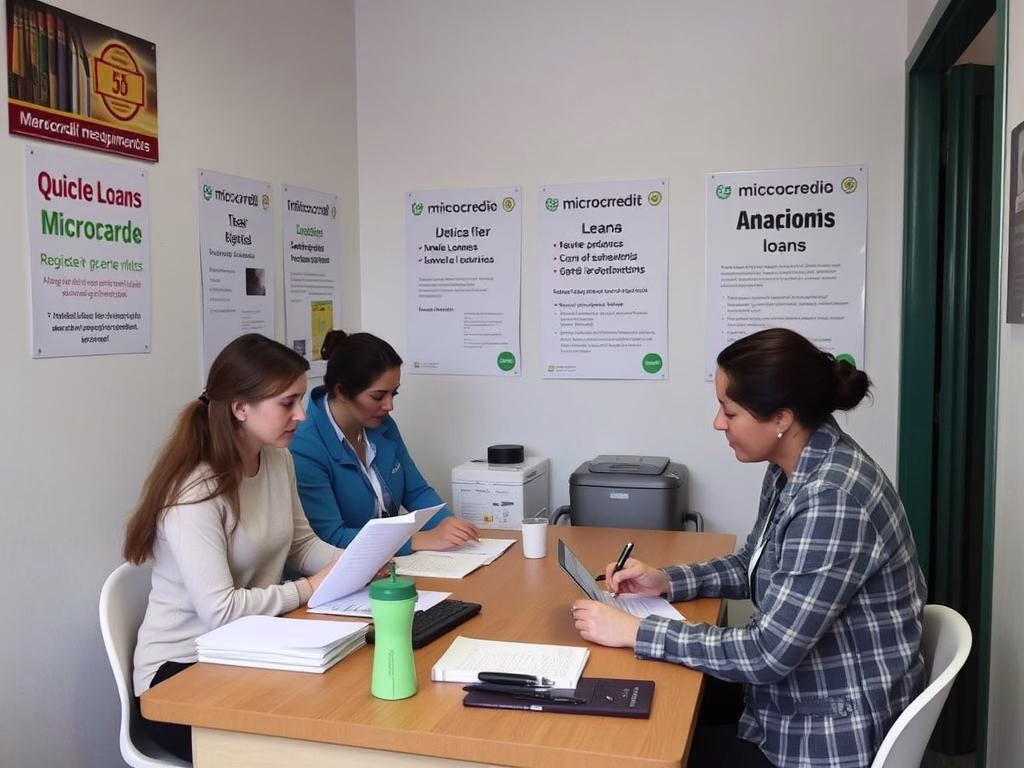 Oficina de microcréditos con asesores atendiendo a clientes