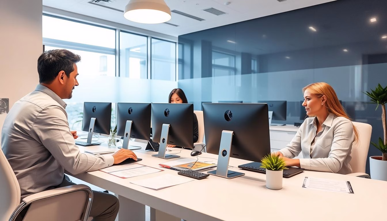 Oficina moderna de un prestamista privado en España con asesores atendiendo a clientes